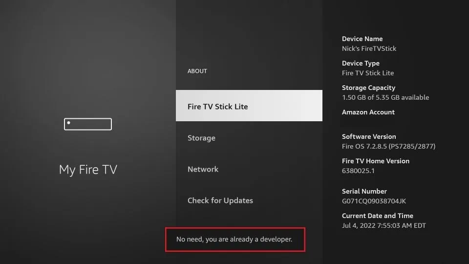 Notification FireStick options développeur